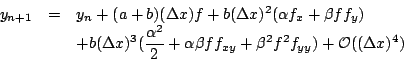 \begin{displaymath}\begin{array}{lcl}
y_{n+1} &=& y_n + (a+b)(\Delta x)f + b(\D...
..._{xy} + \beta^2f^2f_{yy}) + {\cal O}((\Delta x)^4)}
\end{array}\end{displaymath}
