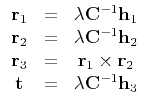 $\displaystyle \begin{array}{ccc}
{\bf r}_1 & = & \lambda {\bf C}^{-1} {\bf h}_1...
...times {\bf r}_2\\
{\bf t} & = & \lambda {\bf C}^{-1} {\bf h}_3 \\
\end{array}$